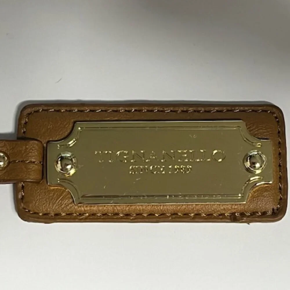 Tignanello Brown Leather Metal Key Fob Purse Clip & Ring Hang Tag